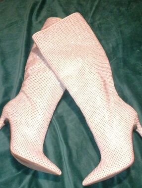 Jennifer Lopez Pink Rhinestone Knee-High Stiletto Boots